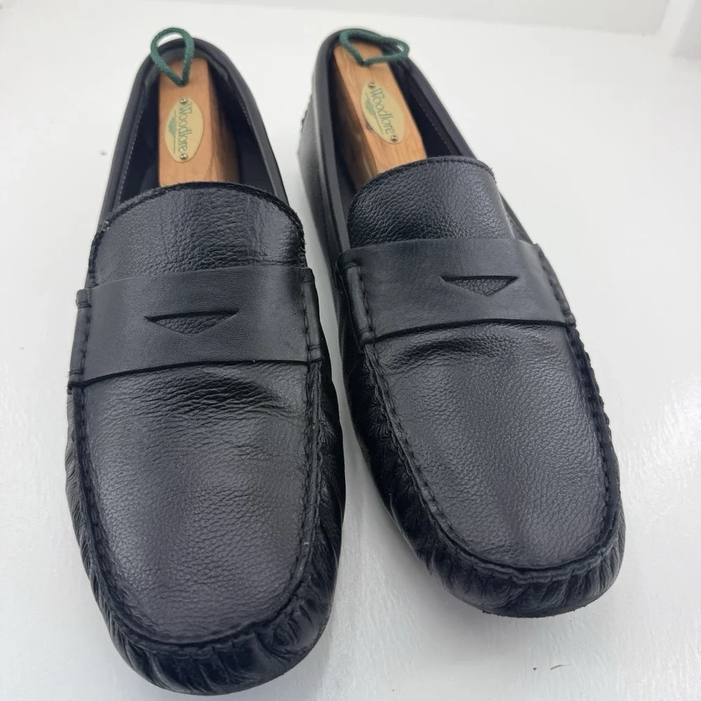 Donald Pliner Mens 10 Black Pebbled Leather Penny Loafers Driving Moc Shoes